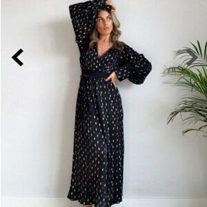 Little Mistress Black And Gold Spot Satin Pleated Maxi Dress